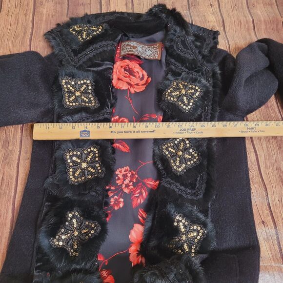 Olivine Gabbro Coat Womens 6 Black Alpaca Embellished Mid Length Rabbit Fur Trim - Picture 2 of 16